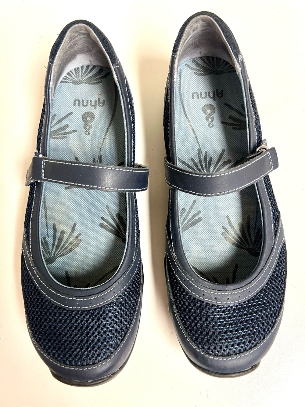 Ahnu Navy Blue Mary Jane Flats hybrid sporty athletic mesh casual leather 7.5M